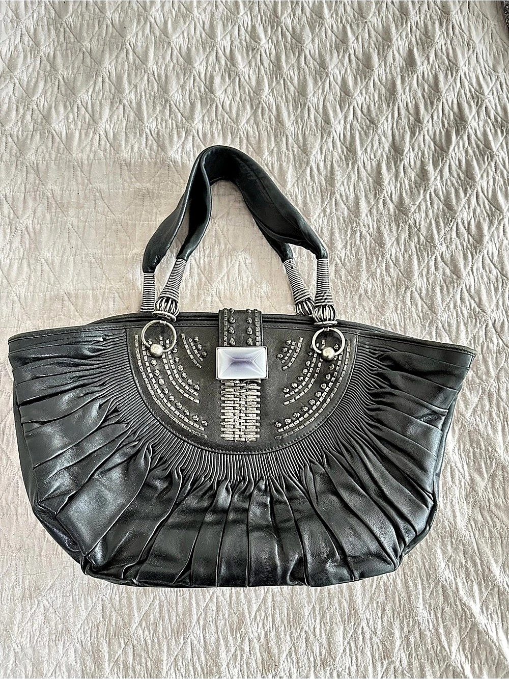 Christian Dior Black Leather Chrome Beaded Malice Tote